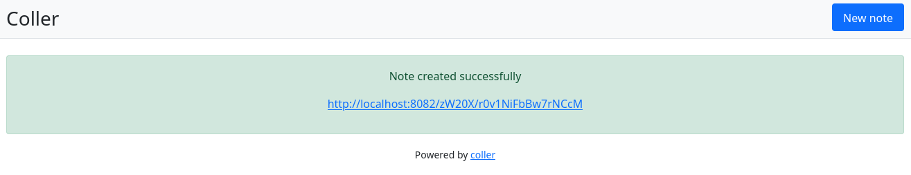 Screenshot of the page saying “Note created sucessfully” with the note
URL
